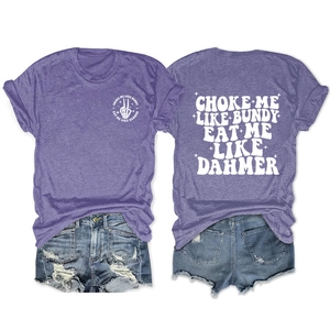 Close-up of double-sided print on casual purple t-shirt featuring vintage typography