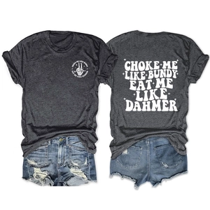 Front and back detail of dark heather grey t-shirt featuring white vintage graphic print