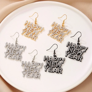 Happy New Year Letter Dangle Earrings Alloy Rhinestone Faux Artificial Pearl Festive Party Jewelry For Women With Earring Post