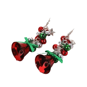 Christmas star bell drop earrings with green silk bow and festive red bells for party wear