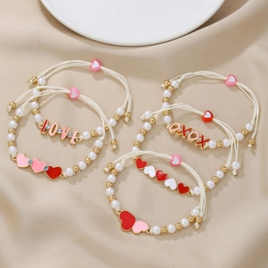 Sweet Enamel Heart Braided Bracelet Alloy Faux Artificial Pearl LOVE XOXO Pendant Adjustable Rhinestone Jewelry For Women Kids