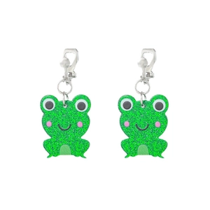 Cute green glitter frog clip-on earrings for kids with secure silver-tone metal fasteners