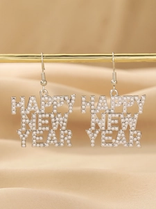 Close-up of Happy New Year earrings with silver metal finish and white pearls inlay