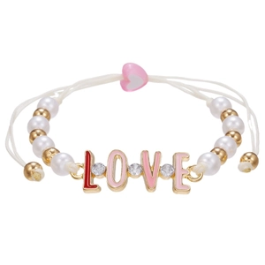Handmade woven bracelet with LOVE letter pendants and white imitation pearls for women