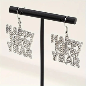 Sparkling HAPPY NEW YEAR letter earrings with alloy rhinestone inlay and silver hooks