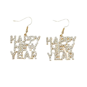 Golden Happy New Year drop earrings with crystal rhinestones on a clean white background