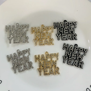 Alloy Rhinestone Happy New Year Lettering Charms Sparkling Holiday Party DIY Jewelry Accessories