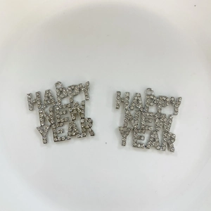 Silver Happy New Year letter pendant with sparkling rhinestones for DIY jewelry