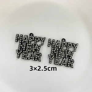 Rhinestone Happy New Year alloy charm for DIY jewelry making, size 3x2.5cm