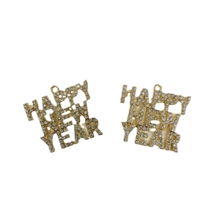 Golden Happy New Year alloy pendants with rhinestones for DIY earring necklace jewelry