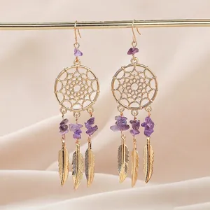 Bohemian Dreamcatcher Hook Earrings With Purple Stone Chips And Alloy Feather Pendants Vintage Ethnic Jewelry For Women
