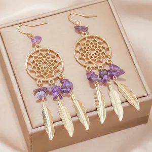 Golden dreamcatcher earrings with purple amethyst stones and metal feather pendants