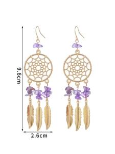 Dreamcatcher earrings with purple stones and gold feathers measuring 9.6cm by 2.6cm