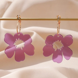 Purple Acrylic Flower Hoop Earrings With Gold Tone Metal Vintage Chic Floral Jewelry For Women