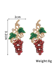 Boucles d'oreilles raisin avec feuilles en émail vert et perles rouges, 2 cm large, 3,2 cm haut