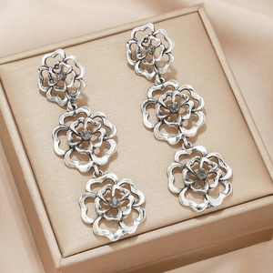 Vintage Antique Silver Alloy Hollow Rose Flower Drop Earrings Three Tiered Long Rhinestone Bohemian For Women