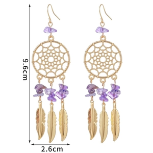 Golden dreamcatcher earrings with purple stone and feather charms, 9.6cm length