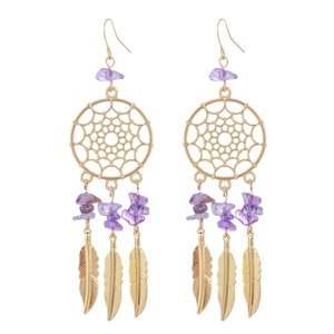 Golden dreamcatcher earrings with purple stones and hanging metal feather pendants