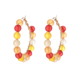 Bohemian C-shaped gold hoop earrings featuring colorful matte resin beads