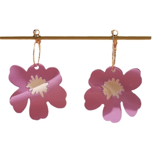 Elegant retro pink acrylic flower drop earrings with mirrored finish on white background