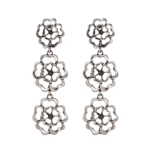 Retro silver drop earrings with three tiered hollow flowers and dark gemstones