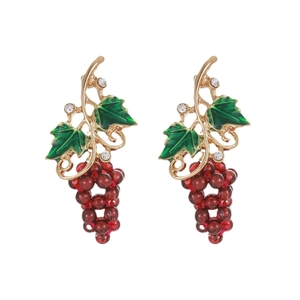 Boucles d'oreilles raisin fait main avec feuilles en émail vert et perles rouges dorées
