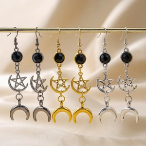 Gothic Star Moon Dangle Earrings Vintage Alloy Pentagram Crescent Moon Drop Jewelry For Women Bohemian Mystic Style