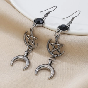 Vintage silver star and moon dangle earrings with black faceted gemstone accents