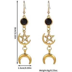 Detailed view of star and moon pendant earrings with precise 8cm length dimensions
