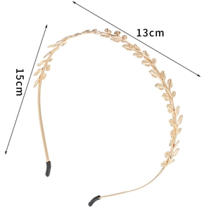 Gold leaf headband made of metal alloy featuring minimalist foliage design with dimensions