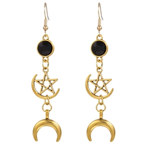 Vintage gold star and crescent moon drop earrings with round black gemstone inlay