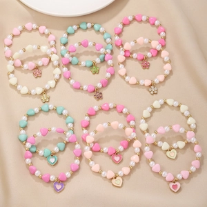 Sweet Kids Beaded Bracelet Resin Heart Faux Artificial Pearl Enamel Butterfly Daisy Flower Alloy Pendant Cute Jewelry For Girls