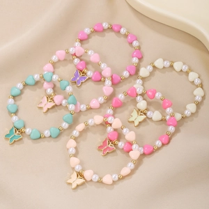 Colorful beaded heart bracelets set with pearls and butterfly pendants for girls