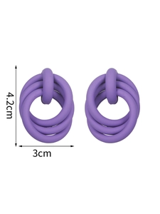 Detail view of purple matte geometric hoop earrings with 4.2cm by 3cm dimensions