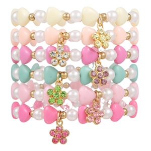 6-piece colorful beaded heart and pearl bracelet set with rhinestone flower pendants