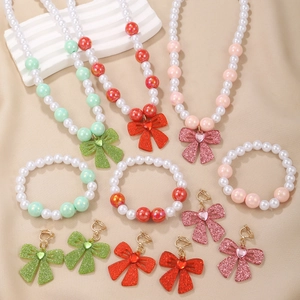 Girls Jewelry Necklace Bracelet Earring Clips Imitation Artificial Pearl Beaded Bowknot Heart Glitter Sequins Cute Fashion Gift