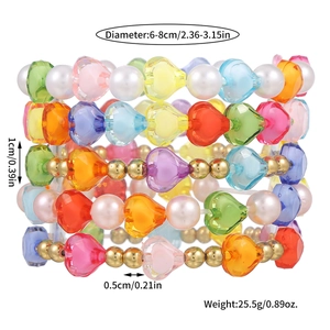 Detailed sizing chart and specifications for colorful handmade beaded heart bracelets