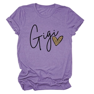 T-shirt violet chiné pour femme avec imprimé cœur léopard Gigi et col rond décontracté