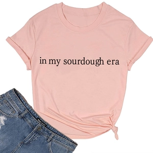 Pink sourdough era graphic t-shirt with knotted hem detail and rolled short sleeves