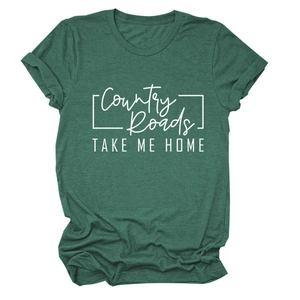 T-shirt da donna verde bosco girocollo con stampa vintage Country Roads Take Me Home