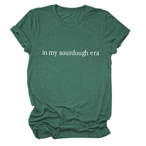 Deep green heathered crewneck T-shirt featuring In My Sourdough Era white text print