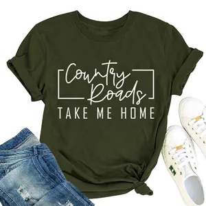 T-Shirt Da Donna A Maniche Corte Casual Girocollo Vestibilità Comoda Misto Cotone Top Grafico Con Stampa Country Roads