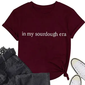 In My Sourdough Era Women Casual Cotton Blend T-Shirt Letter Print Round Neck Short Sleeve Rolled Sleeve Side Knot Loose Top