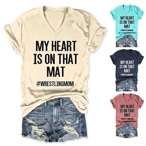 Women's Casual V-Neck Short Sleeve T-Shirt My Heart Is On That Mat Slogan Letter Print Cotton Blend Loose Fit Summer Top