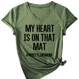 Women's V-neck short sleeve T-shirt in heather green with My Heart Is On That Mat print
