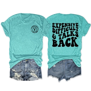 Detail view of turquoise short-sleeve T-shirt with bold black typography back print