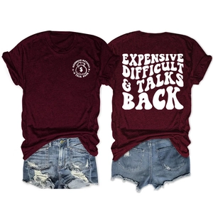 Burgundy short sleeve T-shirt with white back print and distressed denim shorts