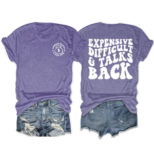 Purple double-sided graphic t-shirt with EXPENSIVE DIFFICULT & TALK BACK print text