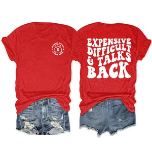 Front and back view of red T-shirt with 'Expensive Difficult' slogan and denim shorts