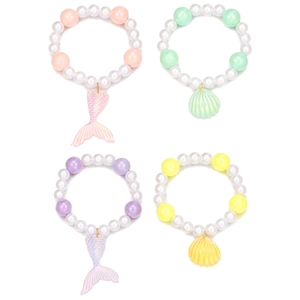 Detailed set of four elastic beaded bracelets with iridescent mermaid tail and shell charms